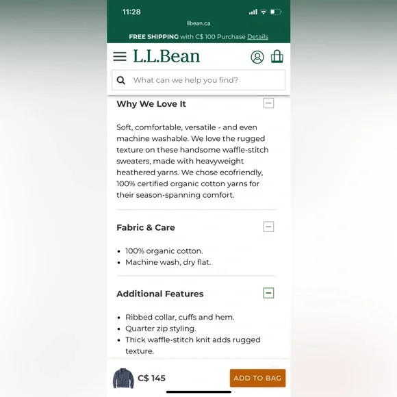 L.L. Bean Men's Organic Cotton Waffle Sweater,
Quarter Zip - Picture 6 of 6